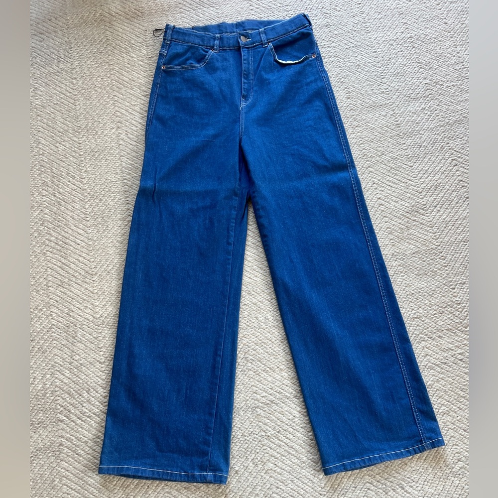 Dr. Denim High Rise Wide Leg Indigo Jeans Size 14 70s Style Stretch